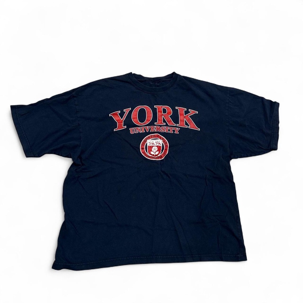 Vintage York University Graphic T-Shirt Navy Blue Oversized College Tee Mens XL